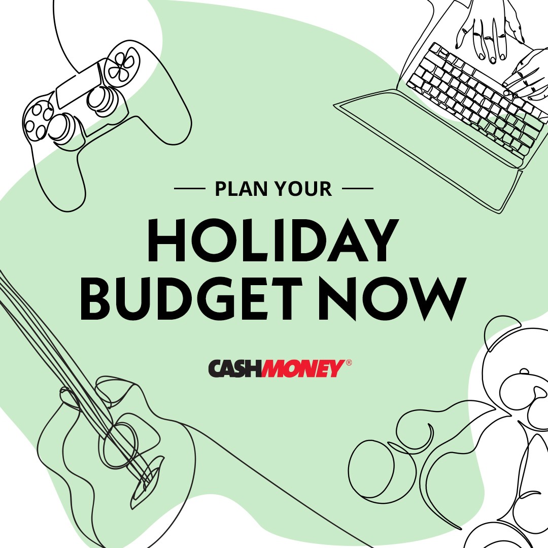 Title of Plan Your Holiday Budget Now with green background. Graphics of a game controller, laptop, guitar, and teddy bear.